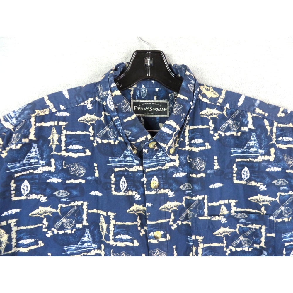 Field And Stream Mens Shirt XL Blue Fishing‎ Reel All Over Print Outdoor Casual